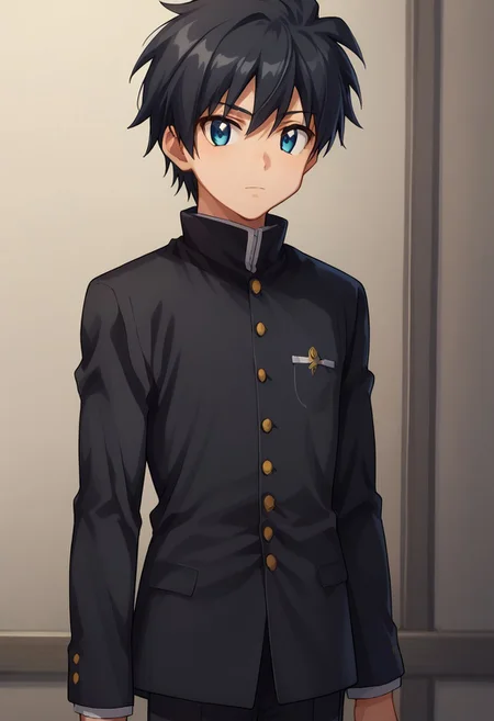 score_9, score_8_up, score_7_up, source_anime, highly detailed,
saitohiraga, 1boy, male focus, black hair, blue eyes, solo, male focus, gakuran, school uniform, black uniform, black pants, long sleeves, pants,