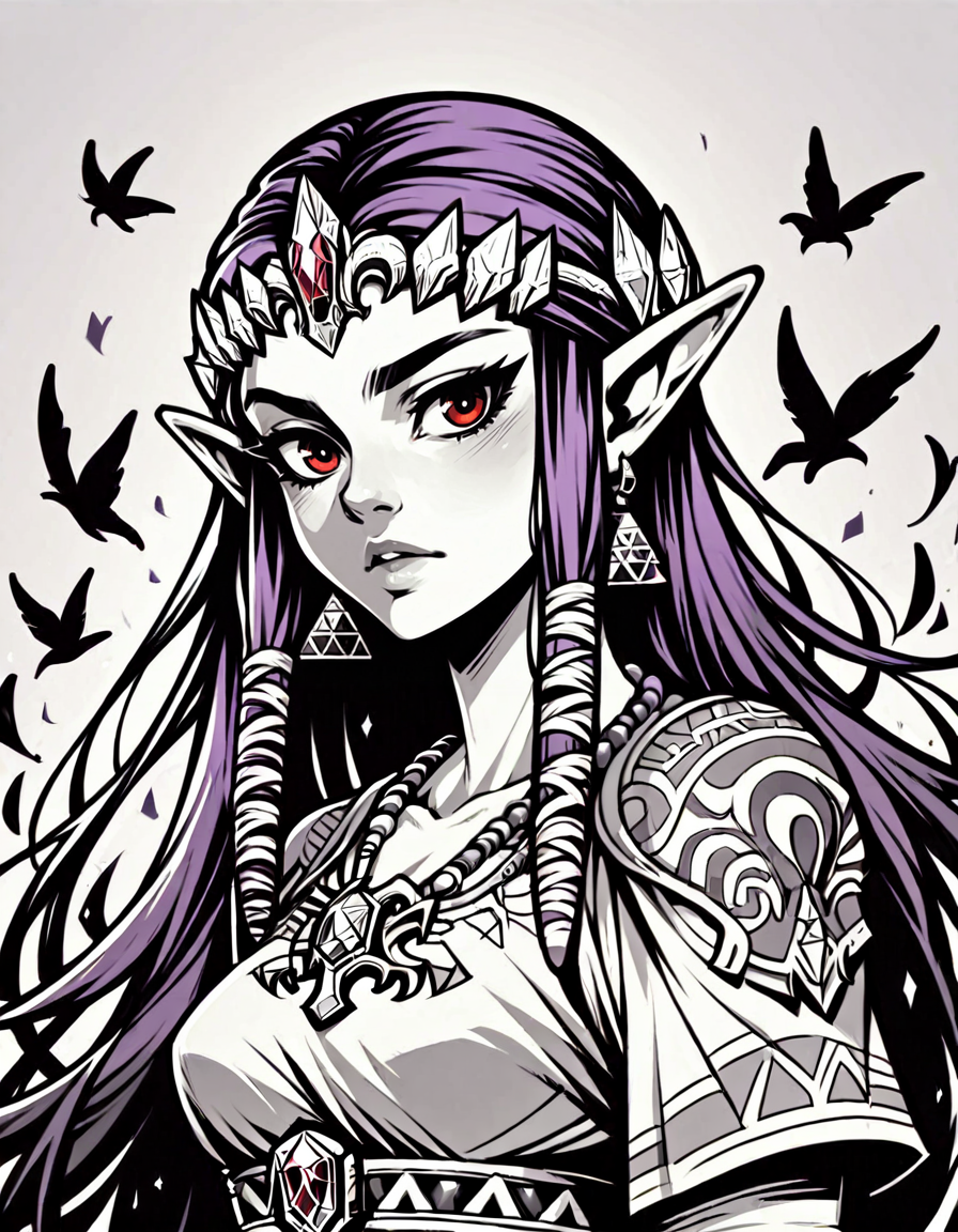 score_9, score_8_up, score_7_up, <lora:Clean Sketch (J) style:1> monochrome, 1girl, solo,  princess zelda, purple hair, red eyes,