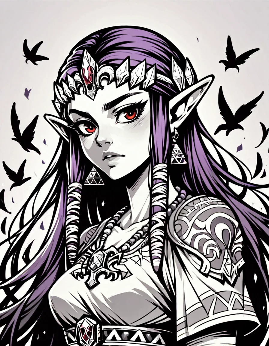 score_9, score_8_up, score_7_up, <lora:Clean Sketch (J) style:1> monochrome, 1girl, solo, princess zelda, purple hair, red eyes,