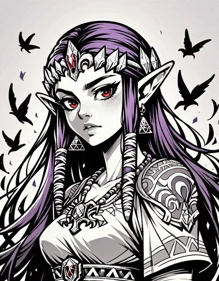 score_9, score_8_up, score_7_up, <lora:Clean Sketch (J) style:1> monochrome, 1girl, solo, princess zelda, purple hair, red eyes,