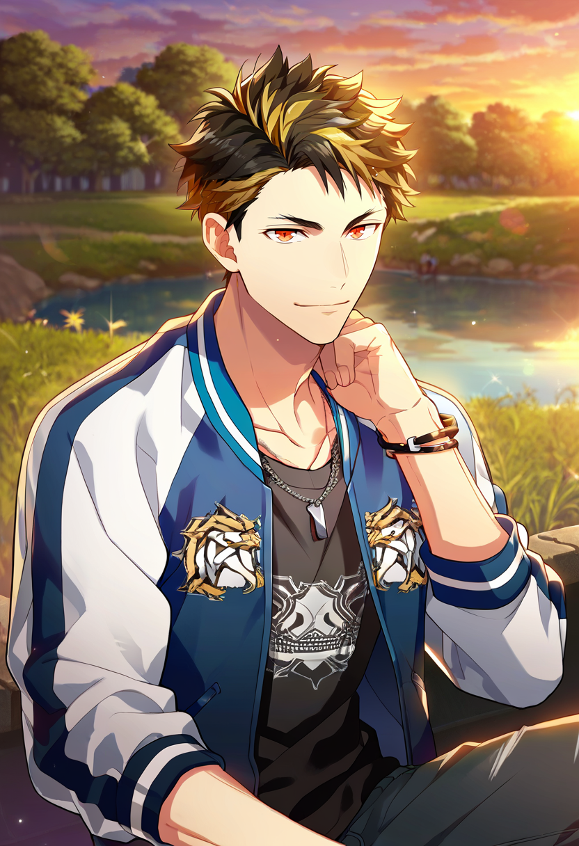 1boy, male focus, solo focus,
  <lora:Character - Wind Boys - Reito Tsuji:1> reitotsuji, black hair, multicolored hair, red eyes, bracelet, necklace,
((zPDXL)), score_9_up, score_8_up, score_7_up, score_6_up, score_5_up, score_4_up, best quality, amazing quality, best aesthetic, absurdres, year2023, uncensored, nsfw, official art, official style, depth of field, detailed eye,
outdoors, sitting, riverbank, looking at viewer, sunset,
necklace, bracelet, blazer, letterman jacket,
