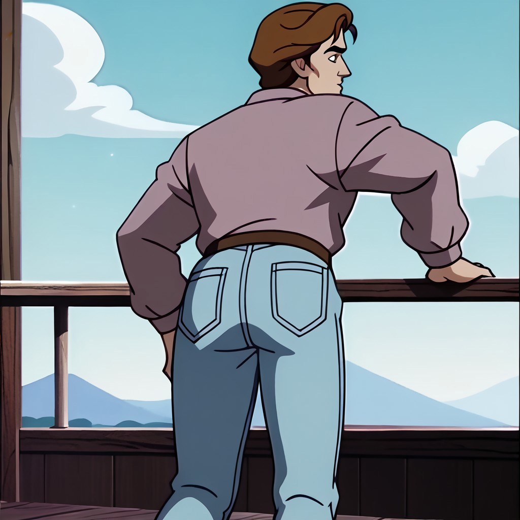 score_9, score_8_up, score_7_up BREAK PeterTAS, 1boy, brown hair, brown eyes, open gray jacket, pink tucked undershirt, brown belt, golden buckle, jeans, gray shoes, rear view, bent over, bending over, screenshot, official art, parody, cartoon footage, official design, screencap, cartoon screenshot, official screenshot, 2d, cartoon, source_cartoon, rear closeup,
