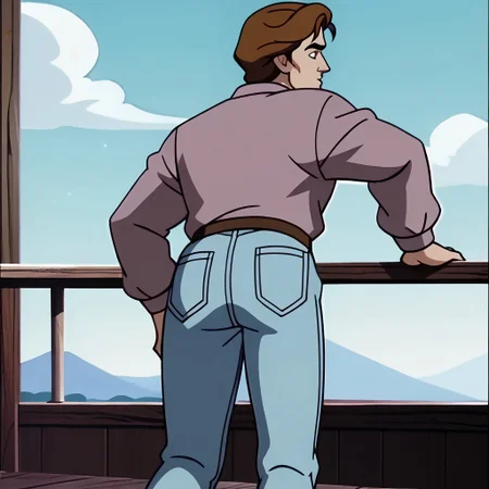 score_9, score_8_up, score_7_up BREAK PeterTAS, 1boy, brown hair, brown eyes, open gray jacket, pink tucked undershirt, brown belt, golden buckle, jeans, gray shoes, rear view, bent over, bending over, screenshot, official art, parody, cartoon footage, official design, screencap, cartoon screenshot, official screenshot, 2d, cartoon, source_cartoon, rear closeup,