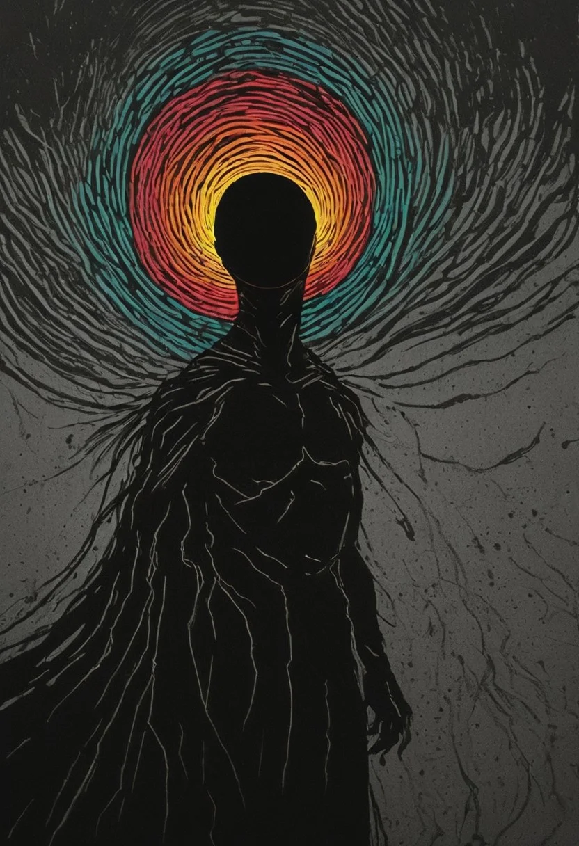100bh-style, dark assassinkahb style pop surrealism, Pop Art, minimalism, Bw-grignani, Closeup Portrait, An Abstract surreal n Abstract surreal DARK DARK Red and Yellow and blue and green colorful simple painted newage superman Silhouette with long vibrant billowing spectral Gradient cape throughout the frame, Holding a glowing orb resembling a black hole, glowing eye, black skin, high collar, blushed smiling, neon-pastel fountain in Outer space, made of lines, vertical lines, horizontal lines, Portrait Made of intertwining lines, weaving over and under each other throughout the frame, emphasis effect, moire effect, awash in colorful shades, seamlessly extends the lines, Action Scene, Motion lines