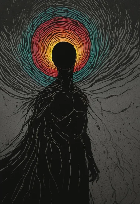 100bh-style, dark assassinkahb style pop surrealism, Pop Art, minimalism, Bw-grignani, Closeup Portrait, An Abstract surreal n Abstract surreal DARK DARK Red and Yellow and blue and green colorful simple painted newage superman Silhouette with long vibrant billowing spectral Gradient cape throughout the frame, Holding a glowing orb resembling a black hole, glowing eye, black skin, high collar, blushed smiling, neon-pastel fountain in Outer space, made of lines, vertical lines, horizontal lines, Portrait Made of intertwining lines, weaving over and under each other throughout the frame, emphasis effect, moire effect, awash in colorful shades, seamlessly extends the lines, Action Scene, Motion lines