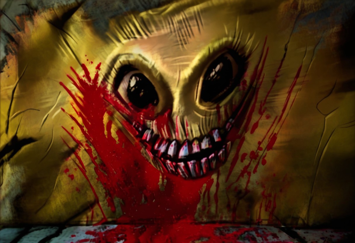 postal1, Monster, bloodyface, blood, looking at viewer, smiling, perfecteyes