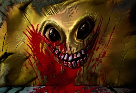 postal1, Monster, bloodyface, blood, looking at viewer, smiling, perfecteyes
