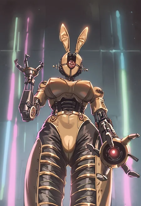score_9, score_8_up,  source_anime, 1990s \(style\), pov, low angle shot, 1 girl,  (Assaultron, curvy figure, robotic hand, 3 fingers) dressed in gold leather lingerie (bunny outfit), fashion show runway (stage, private show), vibrant color, colored lights, dark theme, low light, erotic, seductive, flirting,
