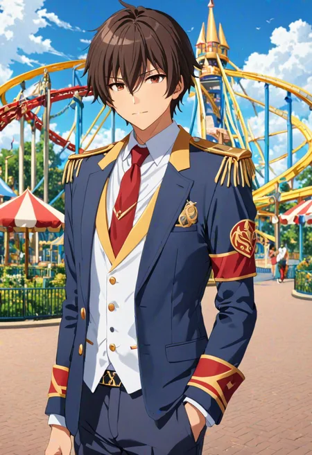 Seiya Kanie, masterpiece, best quality, (1boy), solo, male focus, High definition, Dark Brown hair, 4K, white shirt, theme park, white dress shirt under a dark blue jacket with golden accents, gold aiguillettes worn on the right shoulder, a red tie, gray pants, and a red armband