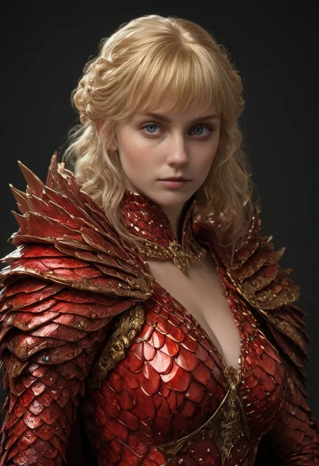 Photorealistic oil painting of (beautiful:1.1) (bright sapphire eyes) (half-dragon warrior-queen:1.2) (Cloak 1:1) with (intricate metallic red brass scales seamlessly melded into arm and neck:0.9), 58-year-old, (blonde undercut short hair:1.1) (bare shoulder:1.3), (medieval fantasy clothing:1.2), grimdark fantasy, (medieval) fantasy, high fantasy, epic fantasy, (upper body:1.3) (medium shot:1.3) taken with (fujifilm xt3:1.1), film grain, dark style, raking light dramatic hard shadows, (dramatic lighting:0.9), material contrast, cinematic composition, intricate details, masterpiece, visually stunning, evocative, vivid deep hues, brass, red Crystal, (body transformation:1.2), <dhevv:ds-style:rsd1.5>, realistic eyes, scaleborn, scales, woman,royal, busty, massive breasts, k cup size breasts, red armor, long hair, bangs, identical eyes, identical iris, identical pupils