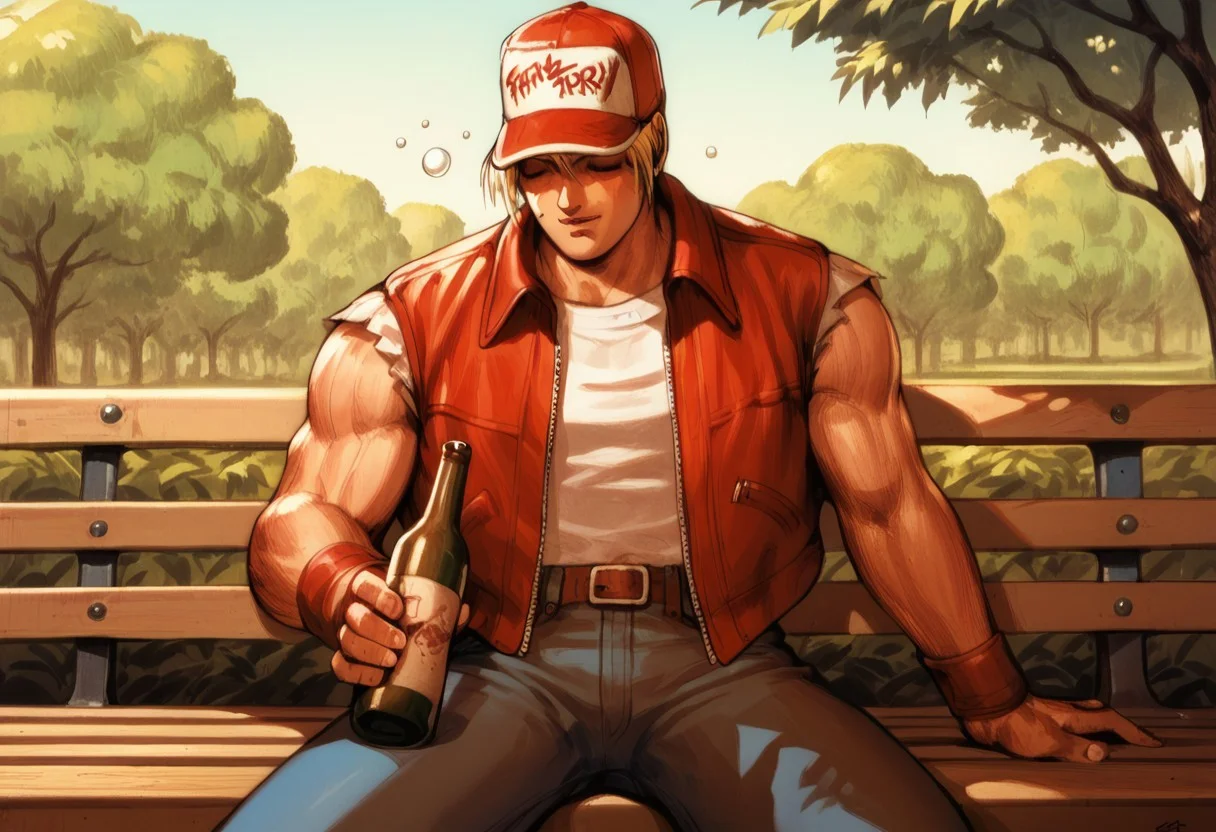 score_9, score_8_up, score_7_up, masterpiece, TerryBogard, drunk, park bench, wine bottle, retro artstyle, (highly detailed:1.2), (intricate:1.2), (best quality:1.2),(8k:1.2), (sharp:1.2), (majestic:1.2), natural lighting, detail++, ((hat)), ((eyes closed)), ((red unzipped jacket)), ((((blue jeans))))