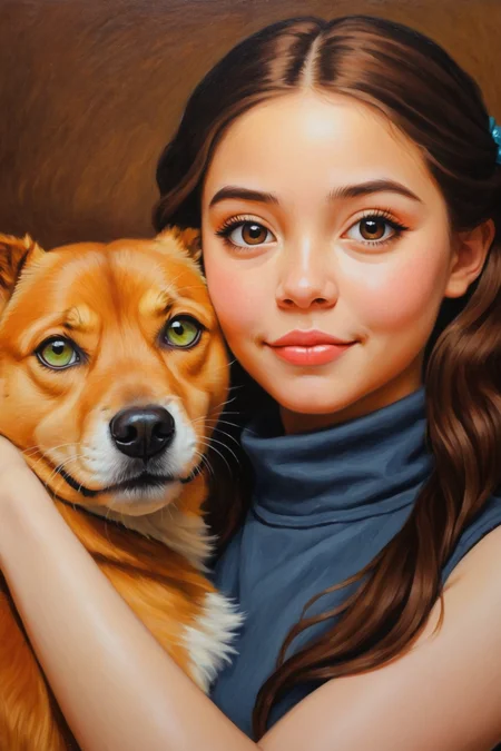 by Victor Nizovtsev and Becky Cloonan in the style of Phuoc Hoai Nguyen and Mark Keathley and Jasmine Becket-Griffith, cute 18 year old woman and her dog, digital oil pastel on canvas<lora:oil_pastel:1.00> of a cinematic photo <lora:juggernaut_cinematic:1.00>
