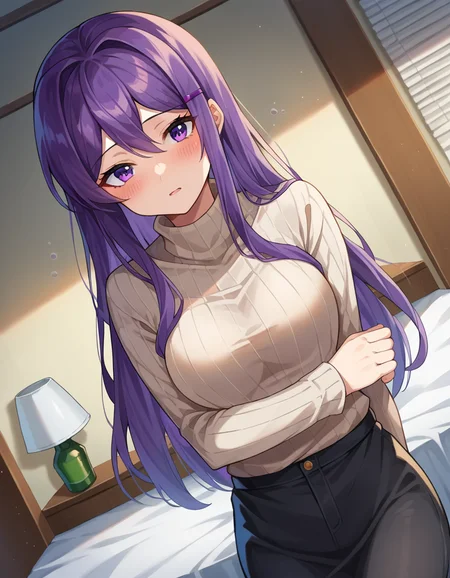 score_9, score_8_up, score_7_up, source_anime,
ddlcyuri, <lora:ddlc-yuri-ponyxl-lora-nochekaiser:1>
ddlcyuri, hair ornament, hairclip, long hair, purple eyes, purple hair,
casual clothes, grey sweater, miniskirt, pants, ribbed sweater, skirt, sweater, turtleneck, turtleneck sweater,
indoors, bed, bed room, on side, blush, drunk,
looking at viewer, dutch angle, cowboy shot,