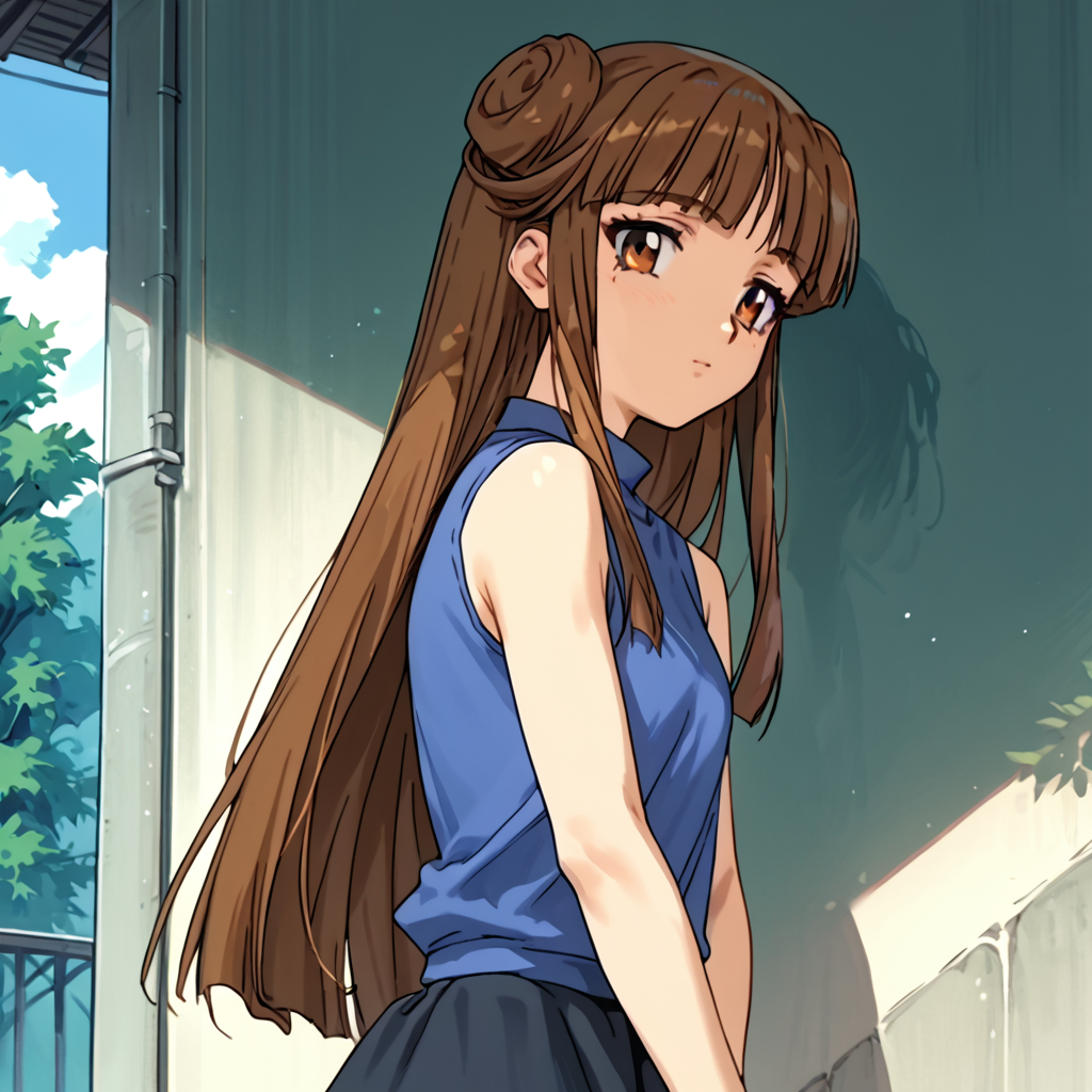 score_9, score_8_up, score_7_up, score_6_up, outdoors, <lora:Uruka_Sumeragi_ç_ããã_-_Steel_Angel_Kurumi_2_é¼éå¤©ä½¿ããã¿2å¼:1> uruka sumeragi, uruka, 1girl, solo, brown hair, long hair, blunt bangs, side locks, double bun, brown eyes, outfit-E, Blue shirt, sleeveless, red footwear, Black skirt,