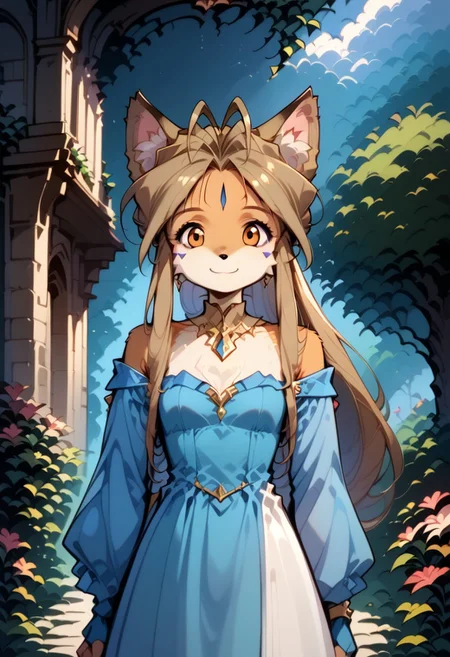 masterpiece, best quality, very detailed,score_9, score_8_up, score_7_up, source_anime, 1girl, solo, looking at viewer, Belldandy, Belldandy as a fox, long fox ears, with ear fluff, animal nose, dirty blonde hair color,long hair, fox tail, golden eyes, with cheek fluff, round face, (hand pose, standing:1.2), adorable, youthful appearance, cute bodytype, small body, petite body, flat chest, cute, toon, petite, small, cute, toon, petite, small, cute petite, small torso, petite, looking at viewer, flirty facial expression, dress, jewelry, earrings, bracelet, cleavage, blue dress, white dress, fingerless gloves, dethatched wings, dethatched angel wings, choker, collarbone, bare shoulders, gold choker, strapless, shawl, gold trim, wind lift, outdoors, garden, low light, dramatic lighting, night, bush, large stone castle in background contrapposto, legs apart, standing, hip focus, cowboy shot, grass, flower, pink flower, light smile, closed mouth, stain remover, hair ornament, flower, lily, solo, haplogroup D1a1a1, high quality, masterpiece, portrait, Hmong, Expressive, retro art style, Vintage, 1990s \(style\) (female anthro: 1.2), <Anthro Fox Lora for Pony:0.6>, <lora:princess_xl_v2:0.75 > <lora:OldAnimeStyle_XL_v3:0.5> <lora:Expressive_H:1>