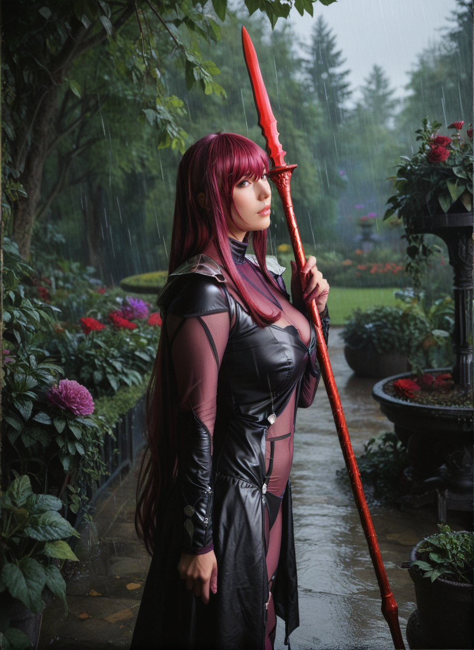 score_9, score_8_up, score_7_up, score_6_up, score_5_up, score_4_up, rating_safe, masterpiece, highly detailed, ((anime)),  1girl, scathach, purple hair, very long hair, large breasts, holding spear, garden background, ((rain)) <lora:Scathach_Realistic_Pony_XL:0.7>