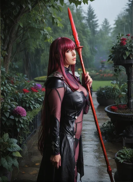 score_9, score_8_up, score_7_up, score_6_up, score_5_up, score_4_up, rating_safe, masterpiece, highly detailed, ((anime)), 1girl, scathach, purple hair, very long hair, large breasts, holding spear, garden background, ((rain)) <lora:Scathach_Realistic_Pony_XL:0.7>