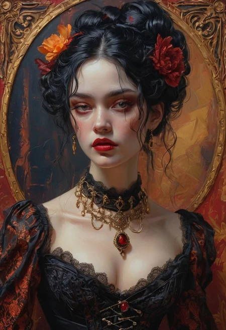 A stunning oil painting of a mysterious woman with delicate, pale skin and long, flowing black hair styled in an elegant updo. Her striking features—sharp cheekbones, deep expressive eyes, and full lips painted a deep crimson—are illuminated by a soft, warm glow. She wears a richly detailed black lace corset, adorned with intricate patterns and subtle golden accents, evoking a gothic elegance. A vintage-style necklace with a dark gemstone rests against her collarbone. The background is a surreal fusion of classical portraiture and cyberpunk aesthetics, featuring an abstract tapestry of floating, glowing text boxes in warm hues of red, orange, and gold, painted with expressive, textured brushstrokes. The brushwork is rich and layered, capturing the interplay of light and shadow with a masterful use of deep blues, warm sepias, and glowing highlights. The painting has a timeless, haunting beauty, reminiscent of old masters infused with a futuristic twist