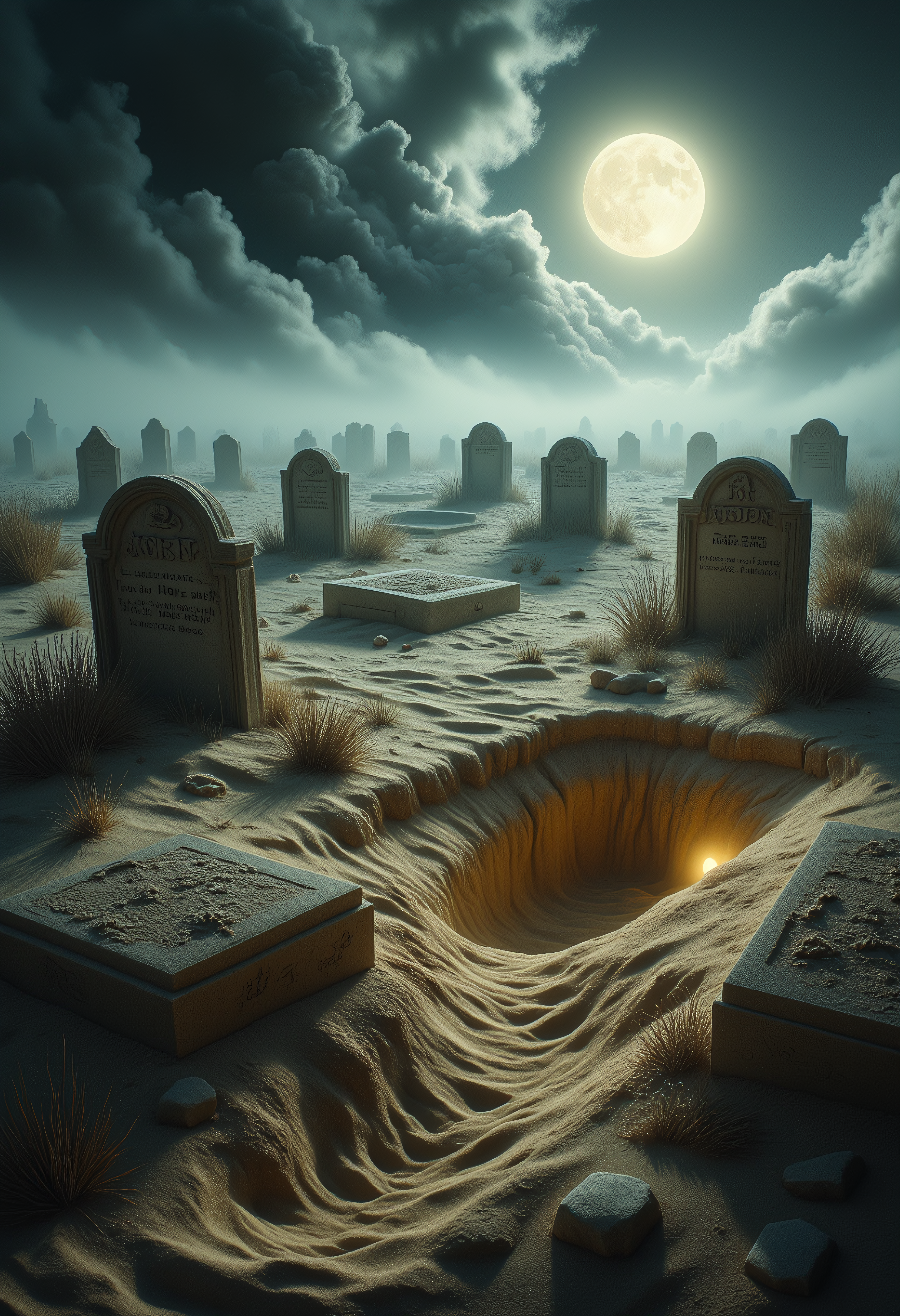 The Shifting Graveyard
A vast, desolate desert is interrupted by the sight of an ancient graveyard, its tombstones half-buried in the ever-shifting sands. The air is thick with an eerie fog that clings to the ground, obscuring the view and giving the entire scene a dreamlike, otherworldly feel. The tombstones are worn and weathered, their inscriptions almost illegible, but the faint glow of ghostly lights can be seen flickering between the cracks. Some tombs are open, revealing dark, hollow pits filled with sand that seems to shift and move, as if something beneath the earth is stirring. The winds carry faint whispers, the voices of those long departed, their restless spirits trapped in this forgotten place.
ral-sand ral-ertmsphr aidmaMJ6.1