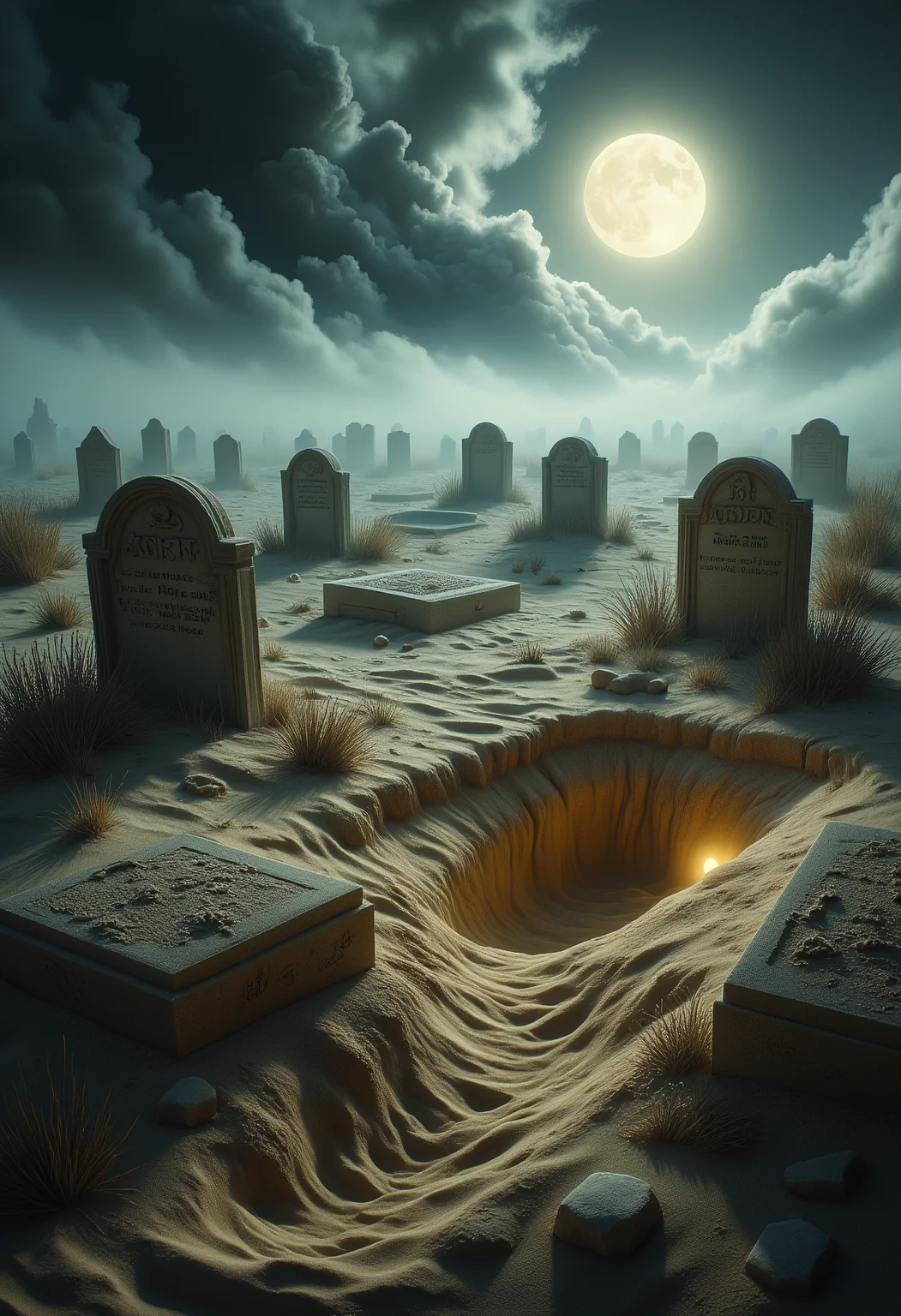 The Shifting Graveyard
A vast, desolate desert is interrupted by the sight of an ancient graveyard, its tombstones half-buried in the ever-shifting sands. The air is thick with an eerie fog that clings to the ground, obscuring the view and giving the entire scene a dreamlike, otherworldly feel. The tombstones are worn and weathered, their inscriptions almost illegible, but the faint glow of ghostly lights can be seen flickering between the cracks. Some tombs are open, revealing dark, hollow pits filled with sand that seems to shift and move, as if something beneath the earth is stirring. The winds carry faint whispers, the voices of those long departed, their restless spirits trapped in this forgotten place.
ral-sand ral-ertmsphr aidmaMJ6.1