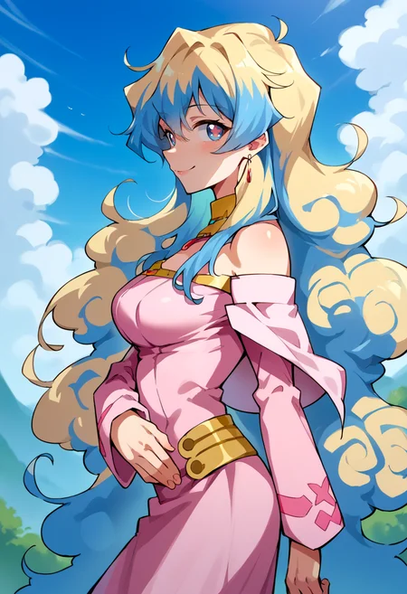 score_9, score_7_up, source_anime, BREAK smile, twisted torso, from side, looking at viewer, <lora:NiaS2-000009:1> nias2, 1girl, blue eyes,symbol-shaped pupils, very long hair, blonde hair, blue hair, two-tone hair, medium breasts,
earrings, jewelry, pink dress, bare shoulders, long sleeves,