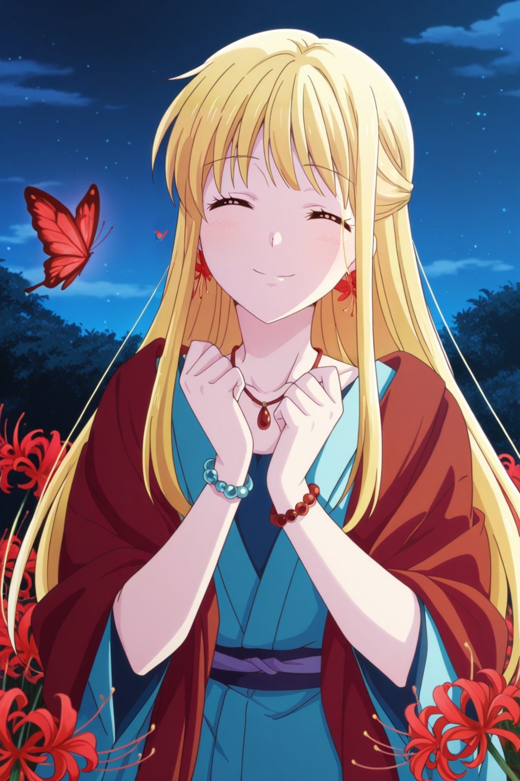 <lora:FruitsBasket:1>, FruitsBasket, 1girl, solo, butterfly, bug, flower, spider lily, blonde hair, red flower, long hair, shawl, jewelry, outdoors, night, kimono, hands up, smile, red butterfly,
