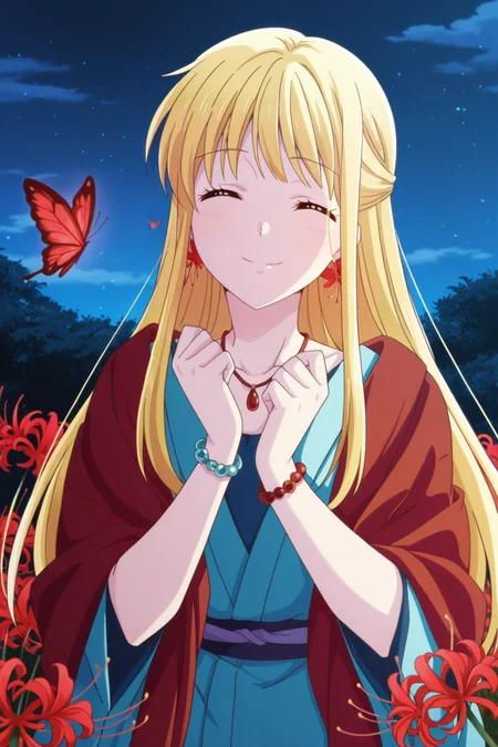 <lora:FruitsBasket:1>, FruitsBasket, 1girl, solo, butterfly, bug, flower, spider lily, blonde hair, red flower, long hair, shawl, jewelry, outdoors, night, kimono, hands up, smile, red butterfly,