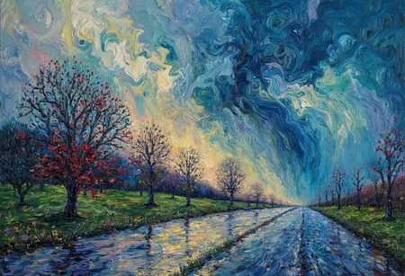 a complex expressive expressionism oil painting of a raining country landscape weather. the painting looks wet like the raining is coming out of the painting, Abstract art