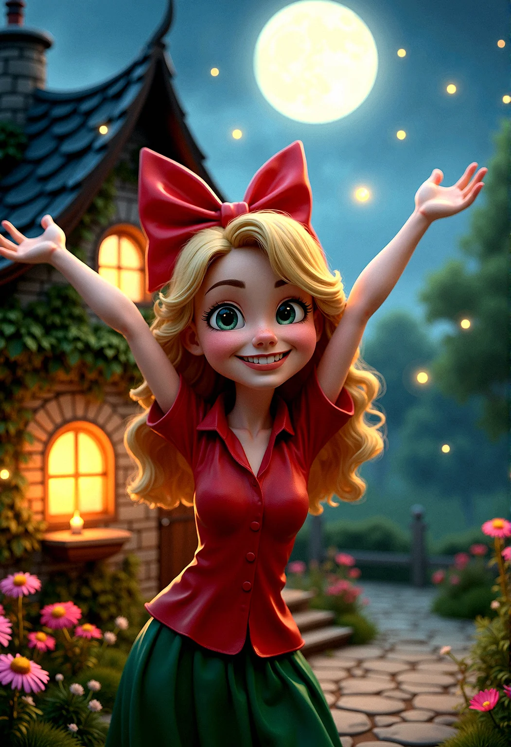 A magical 3D rendered scene featuring a woman with blonde curls and a large red bow, wearing a red shirt and green skirt. her background is a quaint stone cottage, illuminated by a warm, inviting light, with a full moon and starry sky above. The cottage is surrounded by a garden of colorful flowers and lush greenery, with a stone path leading up to it. The scene is lit by soft moonlight, casting gentle shadows and enhancing the realistic textures of her clothing and the surroundings. The composition captures a peaceful and enchanting atmosphere, with detailed textures, sophisticated lighting, and expressive character emotions. Twinkling Fireflies, Add small, glowing fireflies flitting around the garden and near the cottage, creating a magical, ethereal feel.Ivy vines wind around the corners of the cottage, some creeping towards the windows, adding a touch of natural elegance.The windows of the cottage glow softly with the flicker of candles, adding warmth and a sense of life inside. her Arms raised, smiling broadly with a joyful expression.