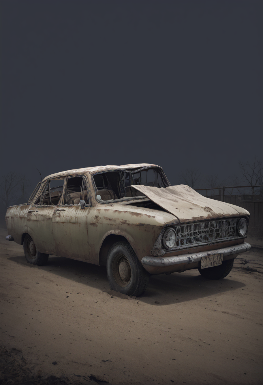 ,ruanyi1435,motor vehicle,
outdoors,overgrown,black background,abandoned,<lora:1435 Broken car_v1_pony:1>, score_9,score_8_up,score_7_up,,8k,solo,,