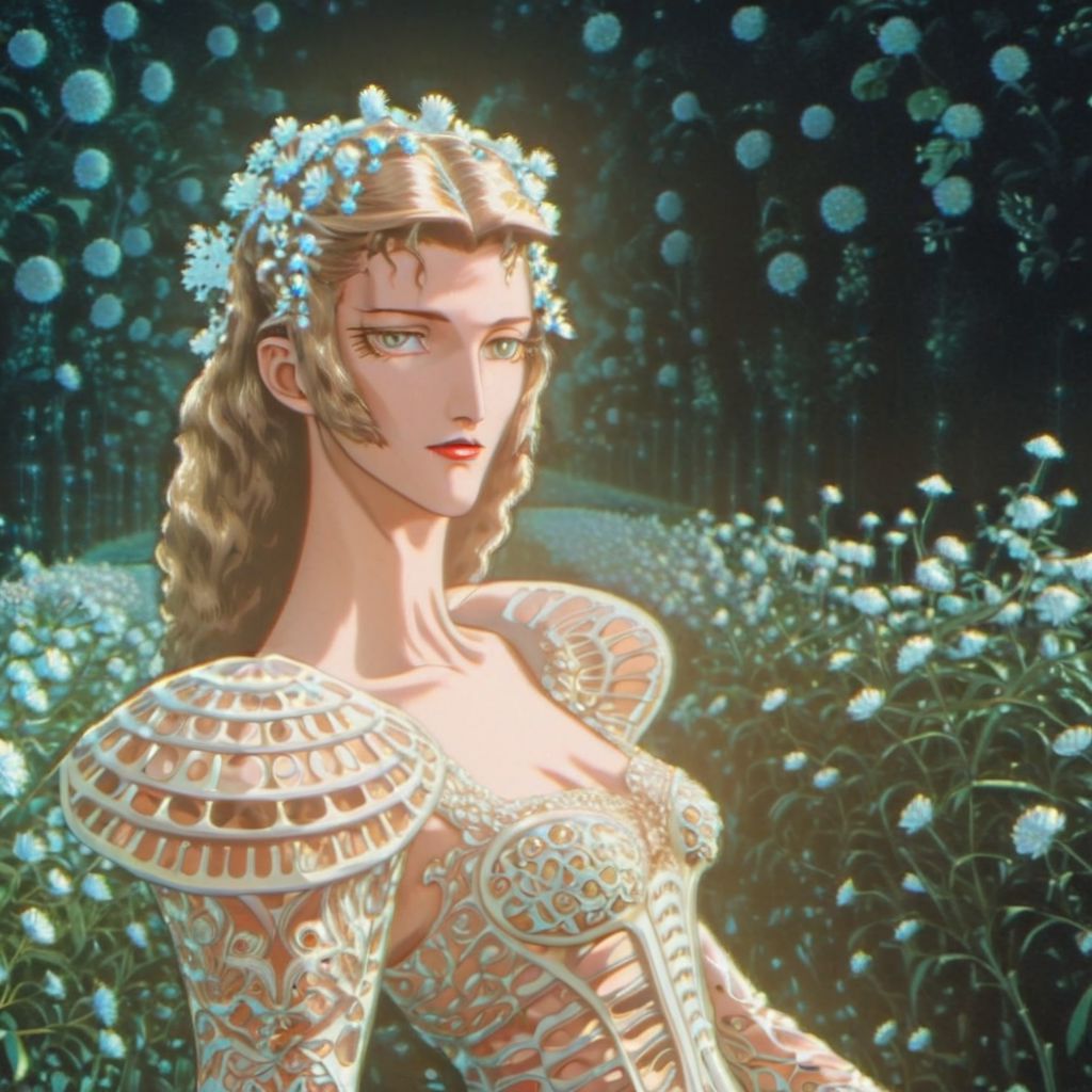 portrait of a beautiful  karlie kloss who is a fashion model surrounded of flowers from another planet, translucent plants, Andrey Remnev, Bridget Bate Tichenor, rococo, god light, cinematic, 35mm, 8k, fantasy, many details, much lightful, dream-like, masterpiece, detailed face, fantasy art, majestic, elegant, ornate, appealing, hypermaximalist, paradise, award winning photography, no watermark, trending on artstation --v 5