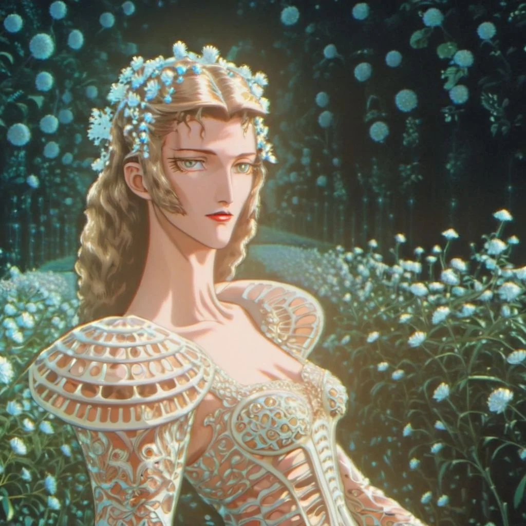 portrait of a beautiful karlie kloss who is a fashion model surrounded of flowers from another planet, translucent plants, Andrey Remnev, Bridget Bate Tichenor, rococo, god light, cinematic, 35mm, 8k, fantasy, many details, much lightful, dream-like, masterpiece, detailed face, fantasy art, majestic, elegant, ornate, appealing, hypermaximalist, paradise, award winning photography, no watermark, trending on artstation --v 5