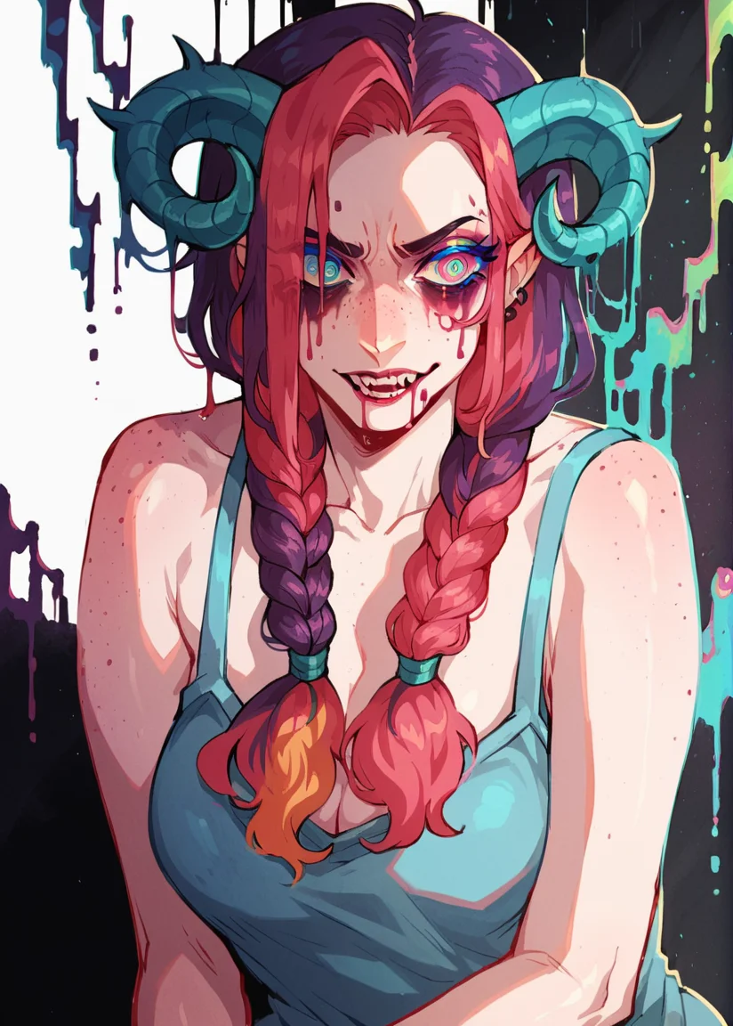 score_9, score_8_up, score_7_up, score_6_up,  <lora:br1ghtXLP:1> br1ght, trippy, multicolored, 1girl, horns