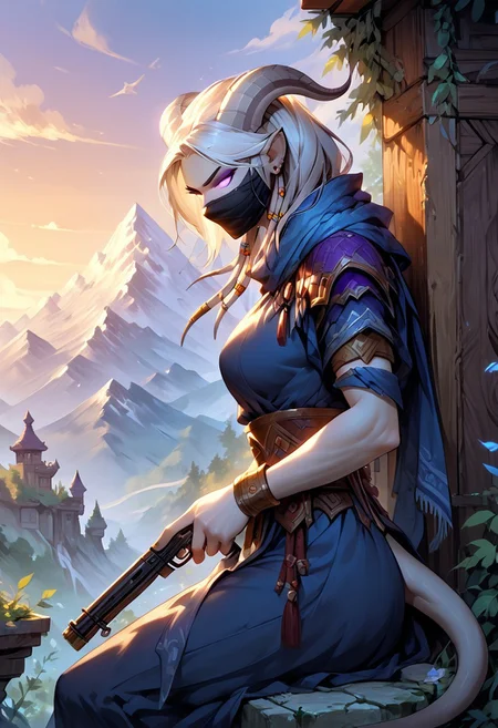 masterpiece, score_9, score_8_up, score_7_up, score_6_up, world of warcraft,
outdoor, evening, mountains,
(female, mature, draenei, h0rns, ram horns, white horns, athletic arms, pale white skin, long white hair, four fingers, one thumb), (purple eyes), stern face, stern look, 
(long loose blue dress, simple armlet, black facemask, blue silk scarf), GunMonk, shotgun, 
full body, side view