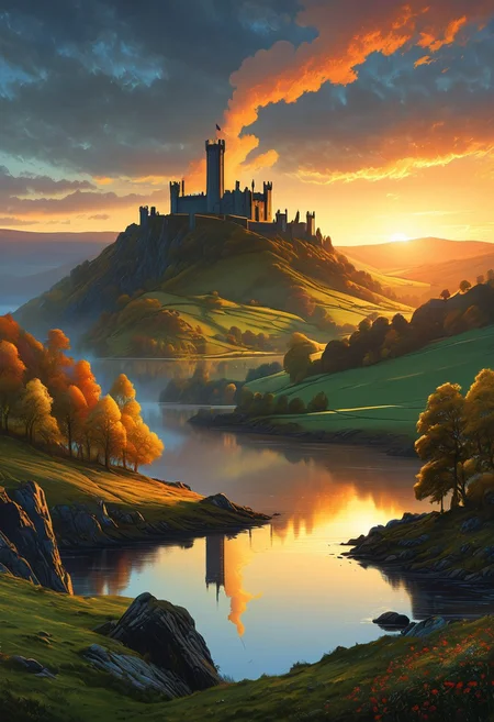 A captivating night scene illustration featuring Camelot large  hill overlooking a lake in Wales.   Camelot ancient but well maintained and updated and comfortable to live in.  Smoke rises from the chimneys.  This enchanting artwork captures a serene and peaceful early morning, where the sun is just starting to rise over the beautiful hills and Camelot  which   stands resolute amidst hills of Wales, creating a cinematic experience back to the times of King Arthur and his knights, 
 illustration, cinematic
<lora:DonM3t3rn1tyXL-v1.1:0.7>, DonM3t3rn1tyXL,
OverallDetailXL  <lora:MJ52:0.3>  <lora:SDXLFaeTastic2400:0.4>  <lora:EpicF4nta5yXL:0.7>