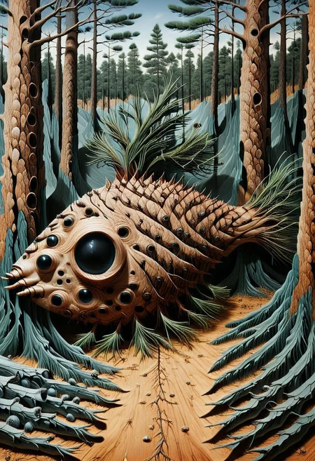 morphing into gnarled tree roots, bark textures growing, forest shadows surrounding, primal fear or transformation, dark fairytale horror aesthetic, storybook surrealism, pines and needles, pines, needles, an untamed masterpiece waiting to sprout