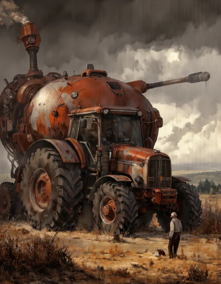 By Jakub Rozalski.
a digital painting rendered in a dark, gritty, and surreal style. a farmer using a giant futuristic tractor to work the fields.