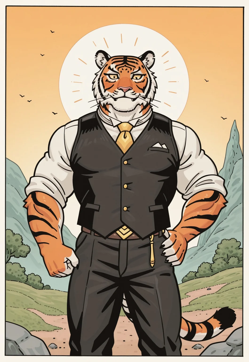 score_9_up, score_8_up, score_7_up, (((jlada_style))), (ilustration), (bold outlines),
best quality, newest, absurdres, highres, 1boy, solo,Anthro,Anthro,tiger,Oscar,yellow sclera,black pupil,orange fur,black marks,muscular male,tiger ears,upperbody,outdoors,vest,black pants