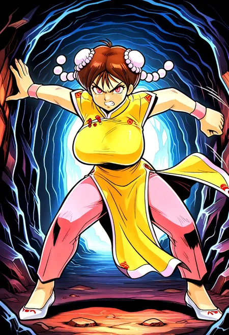 masterpiece, best quality, amazing quality, very aesthetic, absurdres, newest, larffl3, 1girl, tall, large breasts, double bun, hair pearls, short brown hair, yellow china dress, single pink wristband, glowing red eyes, pink pants, white heel-less pumps, inside cave, angry, scowl, clenched teeth, fighting stance, looking at viewer