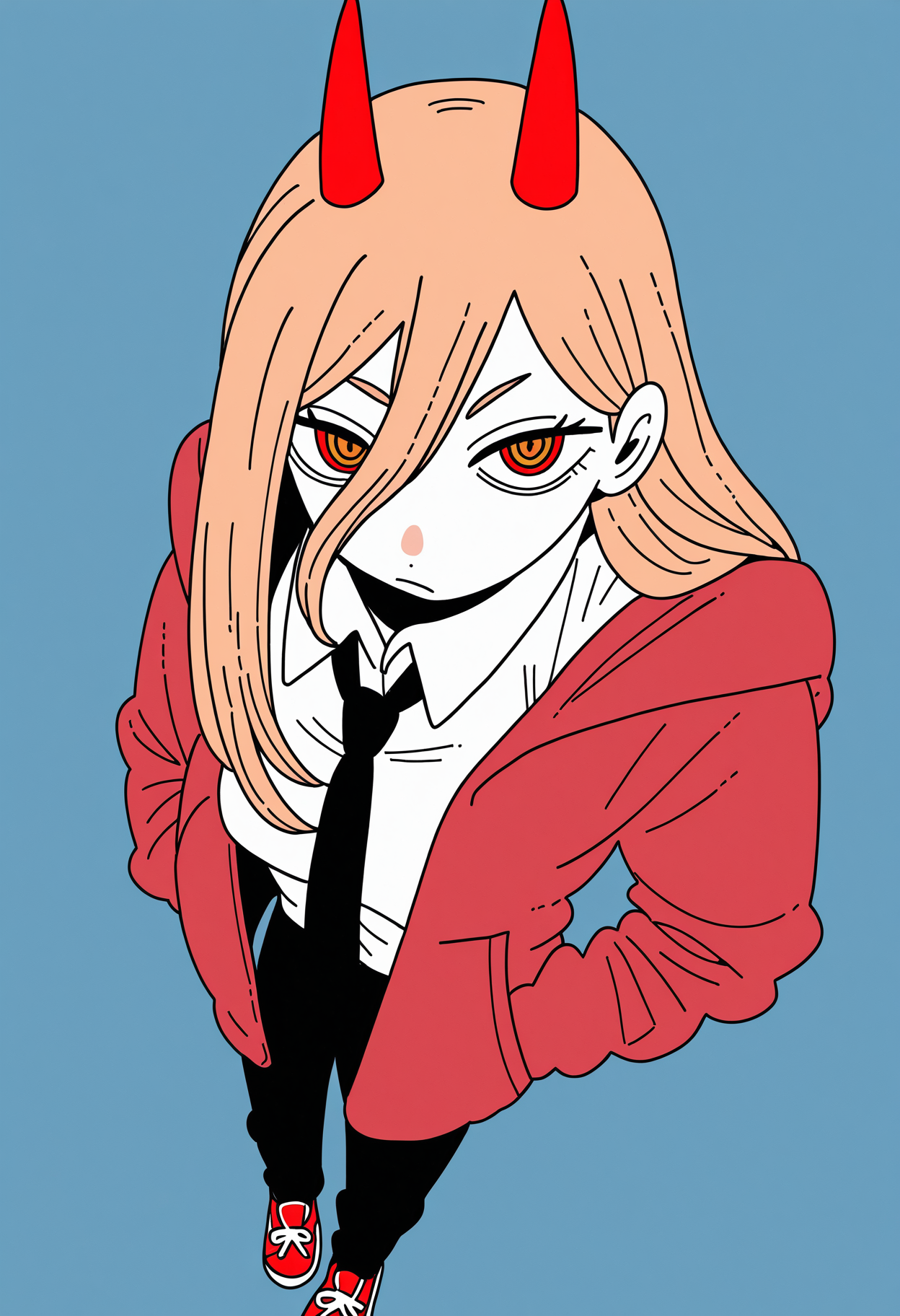 masterpiece, best quality, newest, absurdres, highres, 1girl, black necktie, necktie, solo, long hair, horns, red eyes, shirt, jacket, white shirt, pants, black pants, red footwear, collared shirt, shoes, blonde hair, blue background, simple background, power \(chainsaw man\), hands in pockets, facing viewer, looking at viewer, ringed eyes, leaning forward, close-up, red jacket, from above, upturned eyes,
<lora:panapana_ill:1>