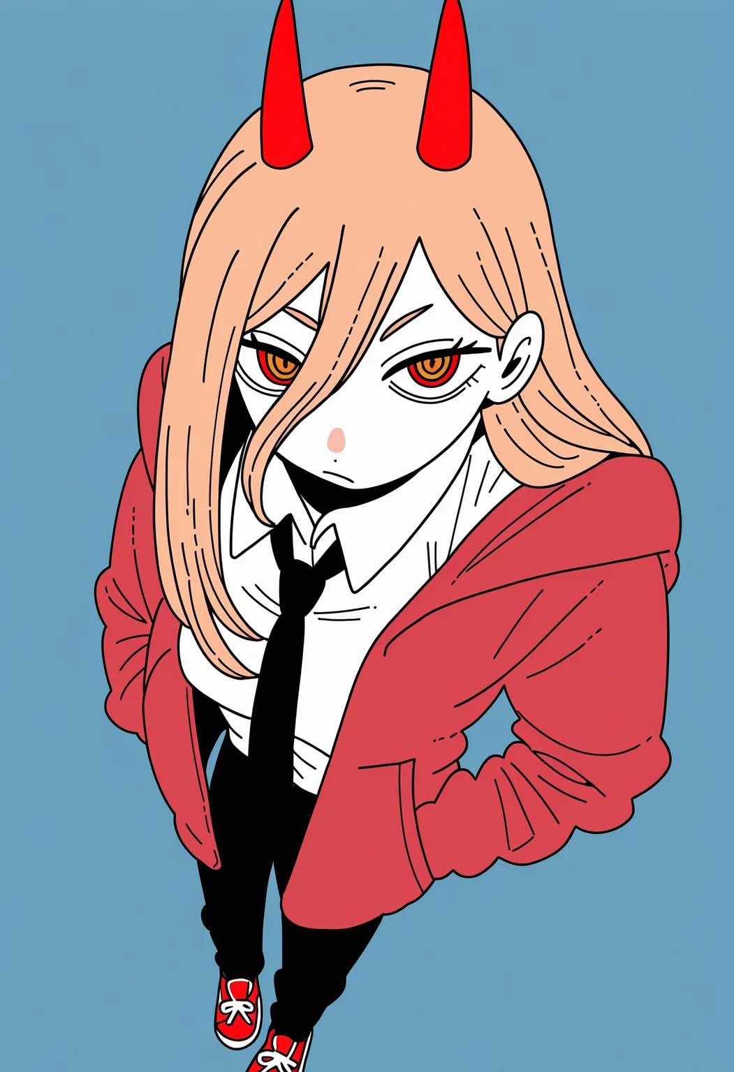 masterpiece, best quality, newest, absurdres, highres, 1girl, black necktie, necktie, solo, long hair, horns, red eyes, shirt, jacket, white shirt, pants, black pants, red footwear, collared shirt, shoes, blonde hair, blue background, simple background, power \(chainsaw man\), hands in pockets, facing viewer, looking at viewer, ringed eyes, leaning forward, close-up, red jacket, from above, upturned eyes,
<lora:panapana_ill:1>