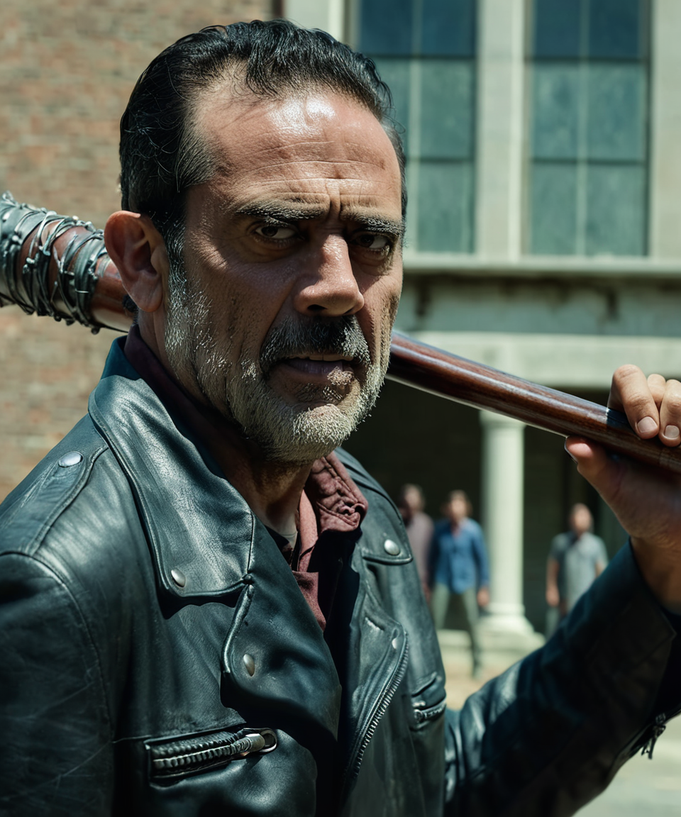 cinematic head and shoulder portrait,TWDNegan,flustered,arm_cannon,church,perfect hands,perfect eyes,high quality photography,cinematic composition,film grain,mirrorless camera,4k textures,4k resolution,The Walking Dead,<lora:TWDNegan:1>,