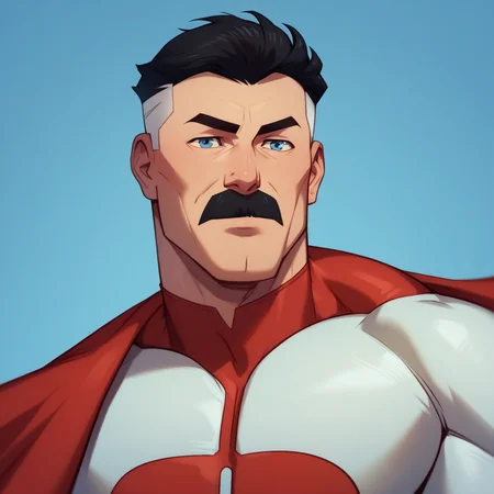 score_9, score_8_up, score_7_up, score_6_up, <lora:Omni-man__Nolan_Grayson_-_Invincible-10:0.8>, OmnimanP, 1boy, solo, black hair, short hair, blue eyes, male focus, mature male, mustache, muscular, white bodysuit, red bodysuit, cape, zPDXL2