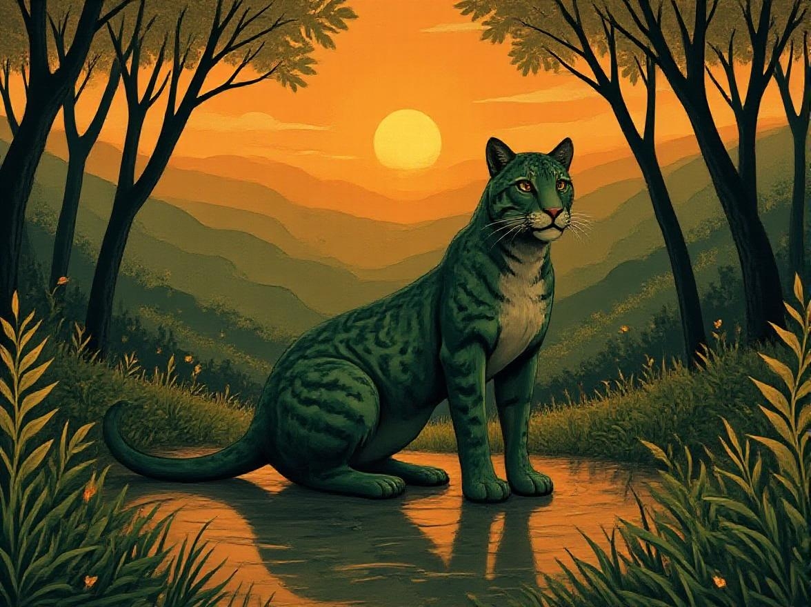 <lora:FolkCartoon.safetensors:1>  A sleek, stylized peridot leopard crouches low, its muscular form carved with bold, graphic lines, its emerald-green body glowing faintly under an otherworldly amber light. The leopard’s eyes, sharp and piercing, are rendered in deep black, contrasting with the vivid green of its fur. Its midriff is subtly exposed, the smooth, flat planes of its belly catching the fiery glow. The swamp around it is a dreamlike haze of stark contrasts—thick, black outlines define the jagged edges of ferns, their leaves filled with flat, saturated greens. The peat bog background is a gradient of deep graphite, with abstract beams of light breaking through, casting an ethereal, mystical atmosphere. The scene is framed by bold, iconic shapes, with minimal detail, creating a sense of narrative tension and drama. The leopard’s pose is dynamic, its tail coiled, ready to pounce, while the glowing embers of the swamp reflect off its pear-cut peridot surface, adding a surreal, fantastical touch to the composition.
