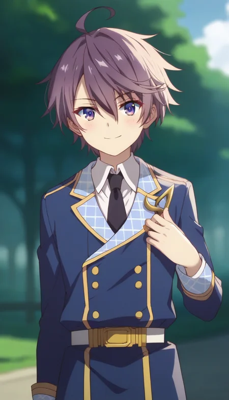 score_9,score_8_up,score_7_up,score_6_up BREAK official art,solo,outdoors,upper body,(portrait:1.5),looking at viewer,facing viewer,smile,blush,Leonis Death Magnus,ahoge,short hair,purple hair,hair between eyes,bangs,purple eyes,school uniform,blue jacket,blazer,double-breasted,black necktie,collared shirt,white shirt,long sleeves,belt,black pants,loafers,black footwear,<lora:Leonis Death Magnus(sgmt)-Pony:1.4>,