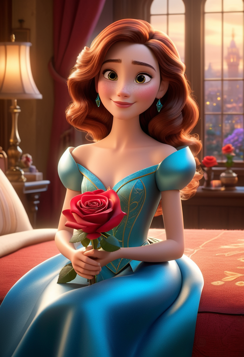 Envision a heartwarming scene straight out of a Pixar animation, a 32k UHD photo that has extremely high details, In a cozy, softly-lit tower room, adorned with whimsical trinkets and glowing with the warm hues of sunset filtering through the window, a young woman gazes dreamily at a vibrant red rose. The rose, a gift from the king's brave and charming son, glimmers with a magical sheen, each petal rendered in Pixar's signature style - vivid, lifelike, yet imbued with a touch of fantasy. The woman, designed with Pixar's distinctive blend of realism and caricature, has expressive eyes filled with hope and affection. As she tenderly touches the rose, her face lights up with an animated smile, reflecting her longing and the sweet memory of their encounter at the ball. The scene is filled with rich, saturated colors and soft lighting, creating an ambiance of romantic anticipation, while the intricate details of the room and the rose showcase Pixar's mastery in crafting visually stunning and emotionally captivating narratives.