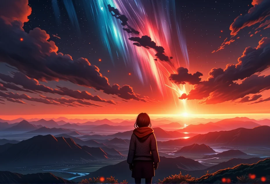 An awe-inspiring sunset scene of a breathtaking aurora illuminating the horizon, with rolling mountains in the background.   The lighting casts soft, warm glows, enhancing the surreal beauty of the landscape. The figure is dressed in a cozy sweater and scarf, adding a sense of wonder. Small details, like glowing fireflies hovering in the air, bring an extra layer of magic and realism to the scene.} bv-stuanilan<lora:bv-stunning-anime-landscape-v1.safetensors:1.0:1.0>