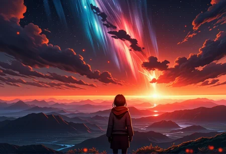 An awe-inspiring sunset scene of a breathtaking aurora illuminating the horizon, with rolling mountains in the background. The lighting casts soft, warm glows, enhancing the surreal beauty of the landscape. The figure is dressed in a cozy sweater and scarf, adding a sense of wonder. Small details, like glowing fireflies hovering in the air, bring an extra layer of magic and realism to the scene.} bv-stuanilan<lora:bv-stunning-anime-landscape-v1.safetensors:1.0:1.0>