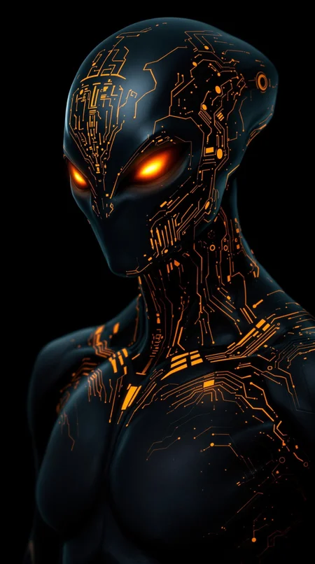 This is a digital artwork of an alien or futuristic being. The character has a sleek, humanoid form with glowing orange eyes and intricate markings on its head and shoulders. These markings resemble circuitry or hieroglyphs. The overall color scheme includes dark tones with bright orange highlights, giving the impression of advanced technology or otherworldly design. The