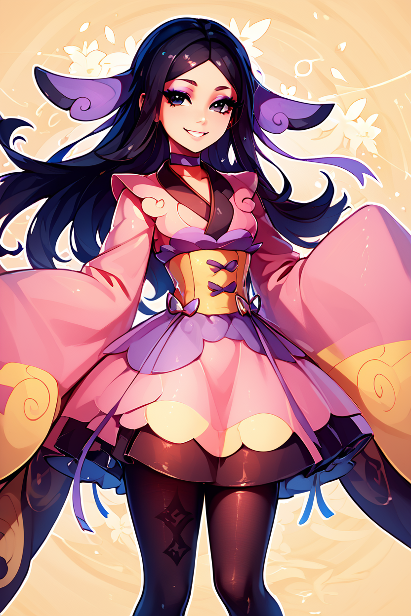 score_9, score_8_up, score_8, medium breasts, (curvy), cute, eyelashes,      rating safe,   BREAK,  zzValerie, long hair, black hair, black eyes, parted bangs, eyeshadow, hair ornament,  black pantyhose, choker, dress, furisode, japanese clothes, kimono, long sleeves,  BREAK,  smile, looking at viewer,  abstract background, white outline,    embedding:zPDXL, Expressiveh,   <lora:ValeriePokemonPDXL:0.8>,  <lora:CatalystStylePDXL:0.6>,  <lora:SDXLFaeTastic2400:0.5>,  <lora:Expressive_H-000001:0.4>,